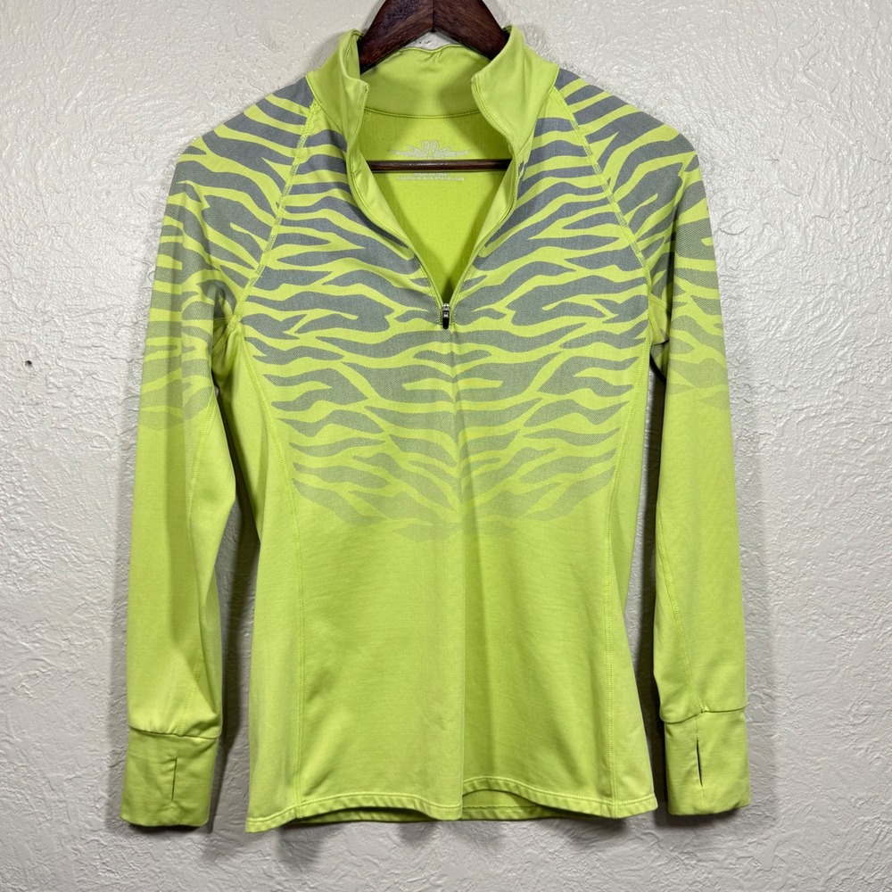 Snow Angel‎ 1/4 Zip Pullover Small USA Made Neon Green Zebra Stripe Thumbholes